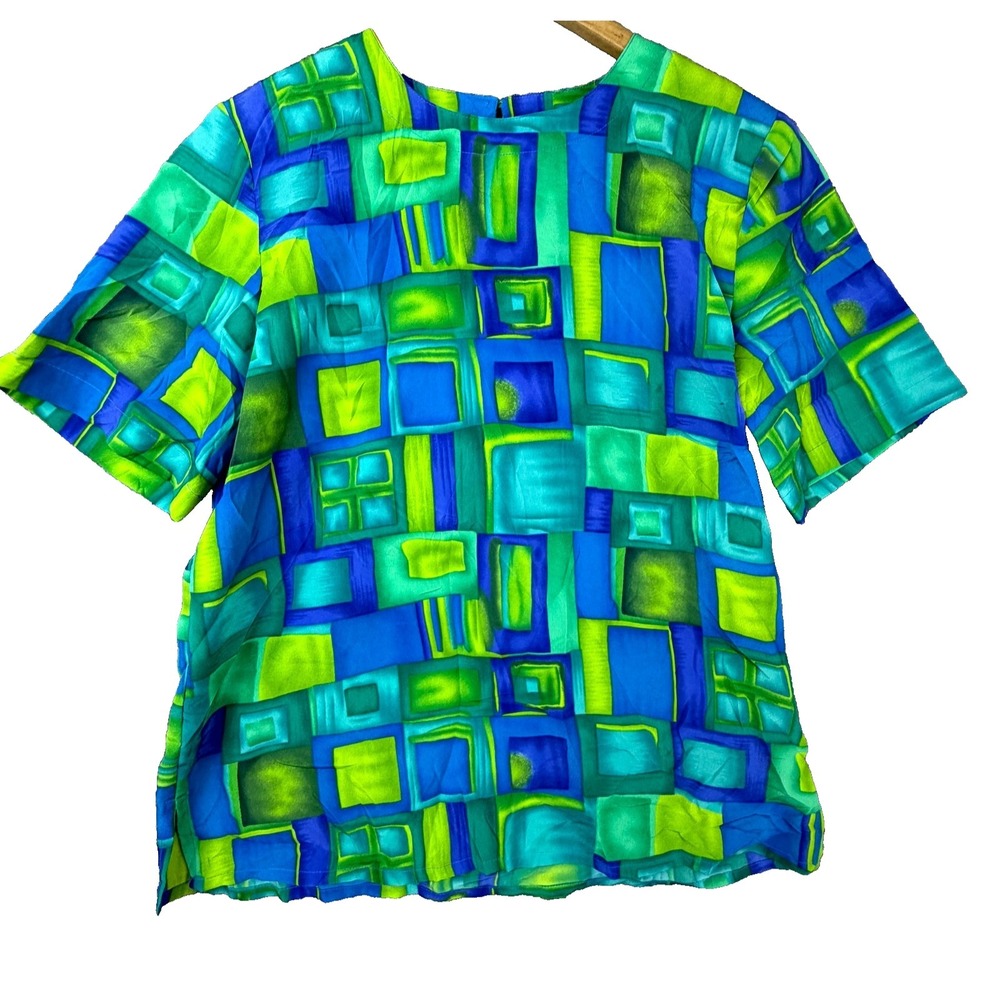 Vintage Modern Essentials Blouse Top Women Small Blue Green Geometric Round Neck